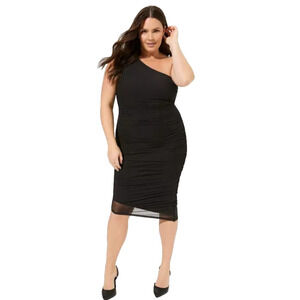 Torrid Black Midi Mesh Asymmetrical One Shoulder‎ Ruched Dress Glam Formal 24